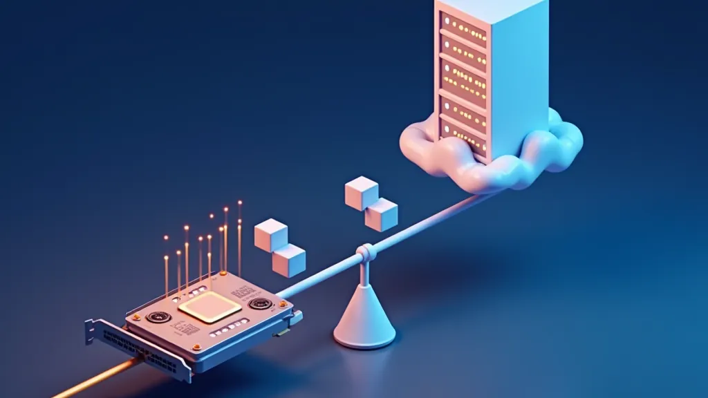 Illustration of a local GPU and a cloud server balanced on a scale, comparing local and hosted models