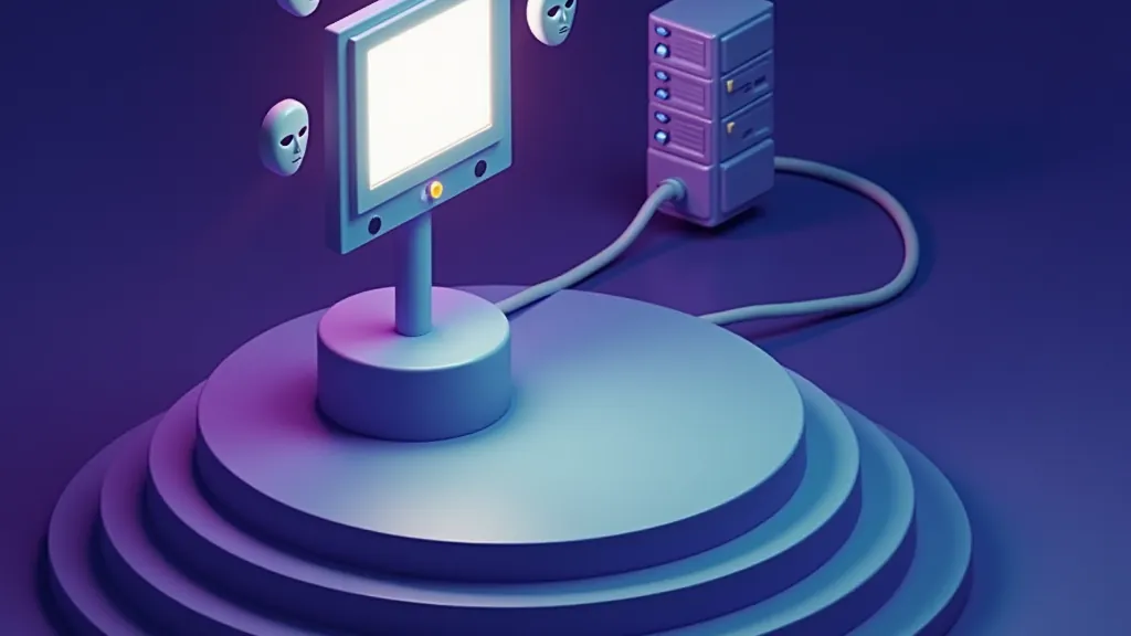 Isometric stage with masks and a chat panel linked by a cable to a server, representing a roleplay app connection