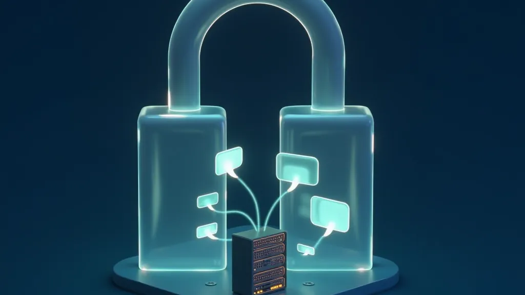Isometric illustration of chat bubbles passing through an open glass gate toward a server rack